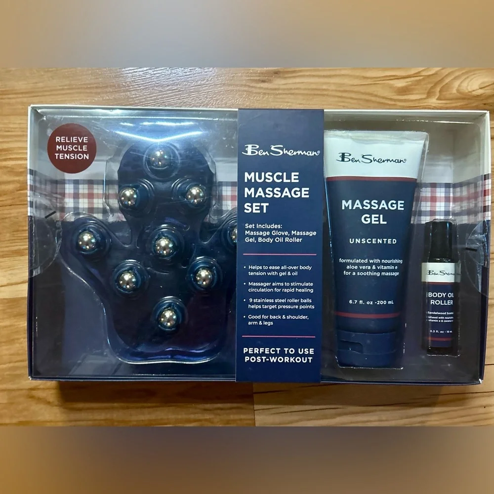 Ben Sherman Plaid Muscle Massage Set NIB Body Oil Roller Massage Gel Gift Set